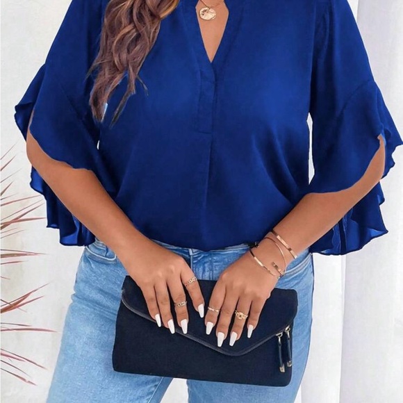 NWOT Royal Blue Flutter Sleeve Blouse with Mandarin Collar - Picture 4 of 7